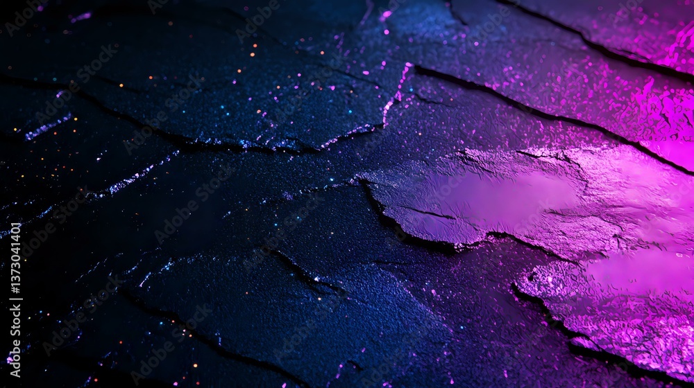 Poster dark cosmic abstract background with cracked texture illuminated by neon blue and purple lights crea