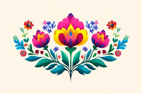 A lively set of modern traditional Mexican folk ornaments, featuring symmetrical motifs of colorful flowers and leaves on a light background, ideal for textile printing and home decor