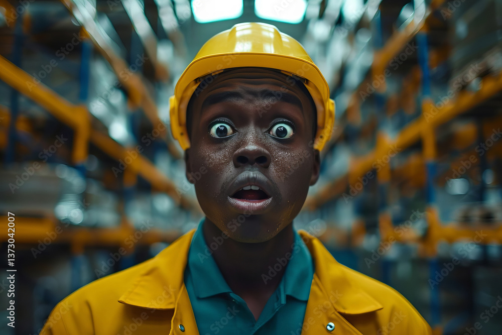 Poster close-up of an engineer in an automated logistics warehouse experiencing shock during a ransomware a