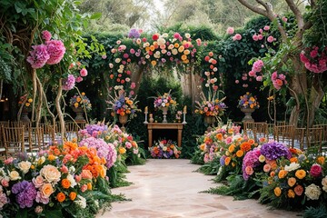 Fototapeta premium Lush Floral Scene with Vines and Colorful Blooms for Spring and Summer Events