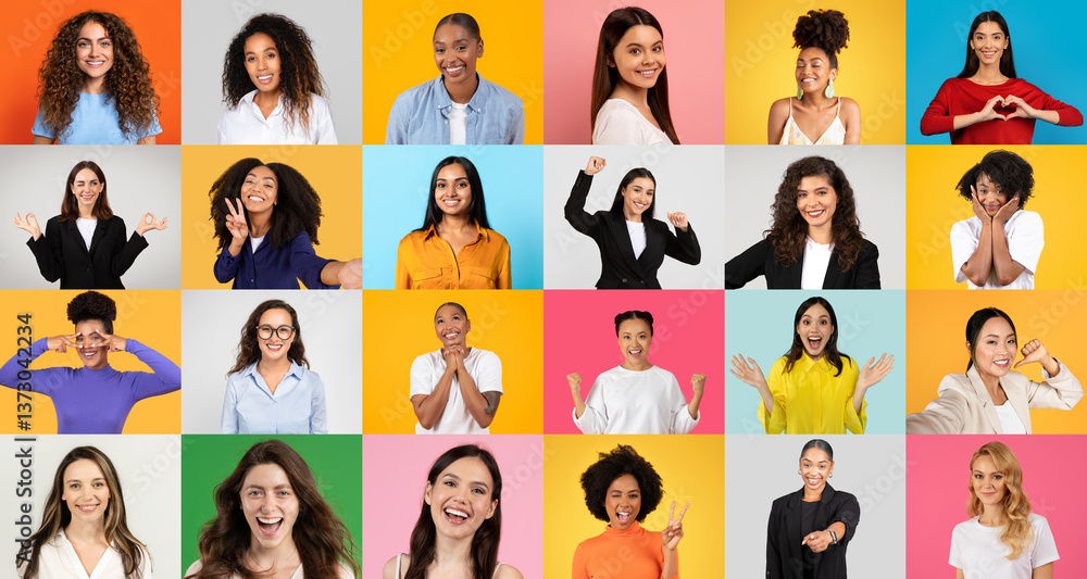 Poster a collection of women of various backgrounds smiling and showing expressions of happiness and excite
