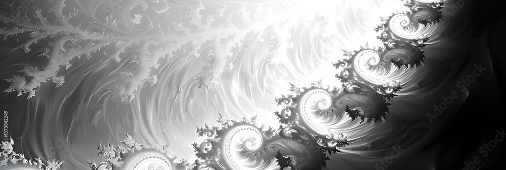 Poster intricate black and white fractal pattern featuring complex swirls and branching structures. abstrac
