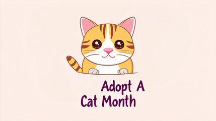 simple playful illustration, appeling design and colors, cute cat, text " Adopt A Cat Month". Cute adorable pet, love for animals.
