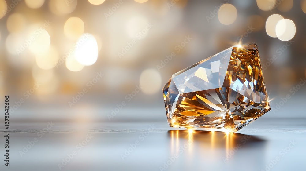 Poster sparkling amber crystal on reflective surface with soft bokeh background creates elegant luxury atmo