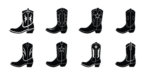 A set of eight classic cowboy boots vector silhouette designs. Simple collection. Isolated bundle on white background.