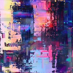 Abstract background with vibrant glitch art textures. Dynamic composition of distorted digital noise in pink, blue, yellow, and red hues creating chaotic energy.

