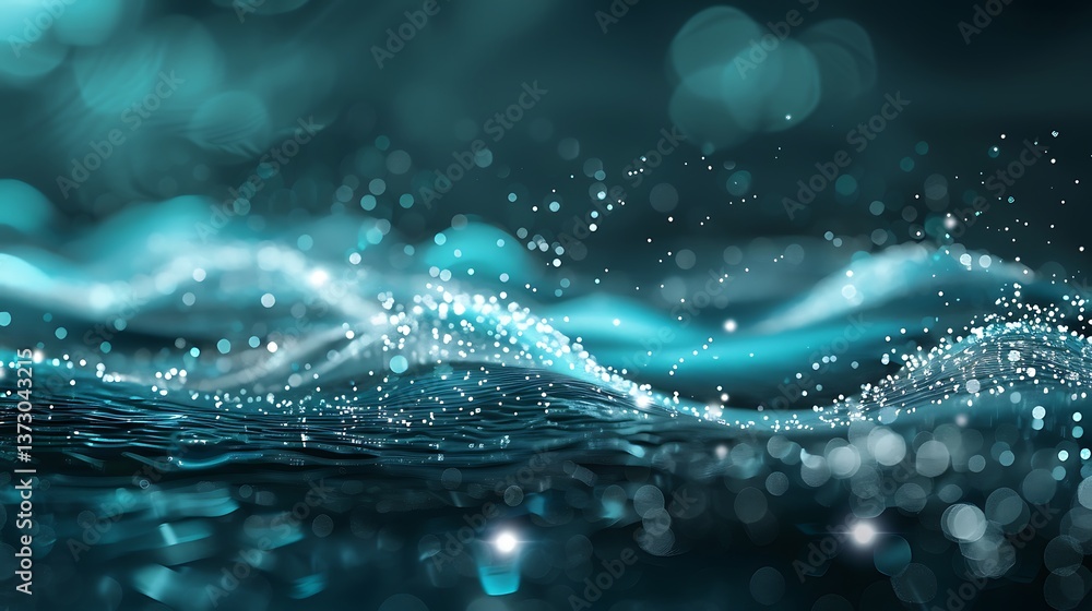 Poster abstract background showing shimmering turquoise water surface with glowing particles and soft bokeh