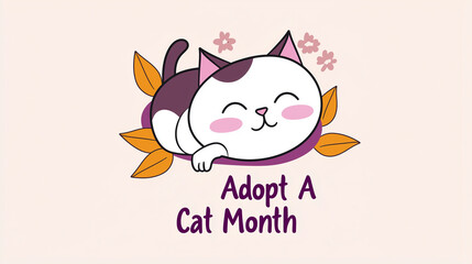 simple playful illustration, appeling design and colors, cute cat, text " Adopt A Cat Month". Cute adorable pet, love for animals.