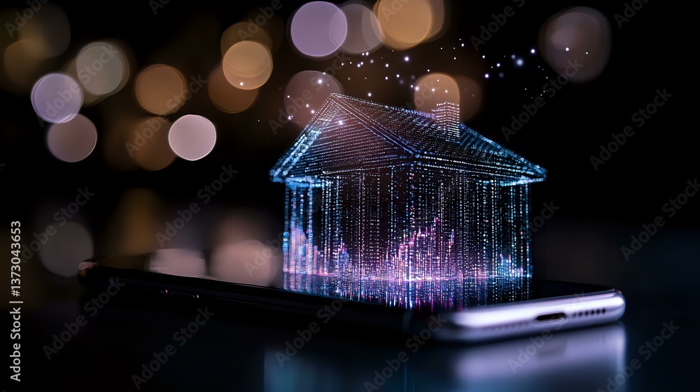 Poster glowing holographic house projection emerging from smartphone screen with sparkles and bokeh lights 
