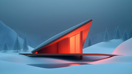 Modern Geometric Winter Cabin Illuminated at Night in Snowy Mountains