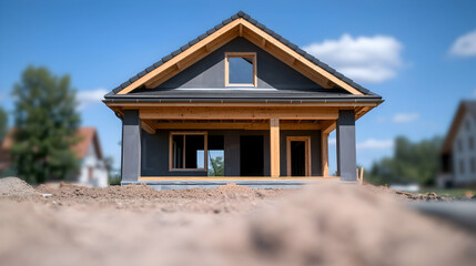 Modern Grey House Under Construction in Suburban Setting