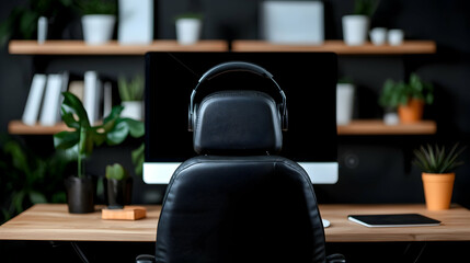 Modern Home Office Workspace with Black Leather Chair and Headphones