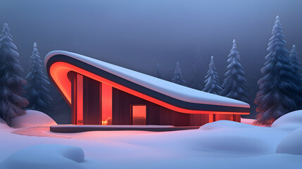 Modern Illuminated Winter Cabin in Snowy Forest