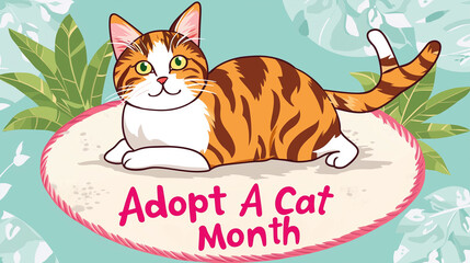 simple playful illustration, appeling design and colors, cute cat, text " Adopt A Cat Month". Cute adorable pet, love for animals.