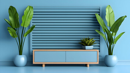 Modern Minimalist Living Room with Blue Accents and Tropical Plants