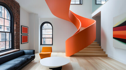 Modern Orange Spiral Staircase in a Loft Living Room