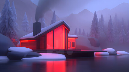 Modern Red Cabin in Snowy Mountains at Night