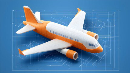 Orange and White Airplane Model on Blue Blueprint Background
