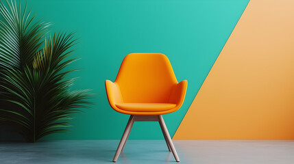 Orange Chair in Minimalist Room with Teal and Yellow Walls