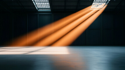 Orange Sunbeams Illuminating Empty Industrial Warehouse Interior