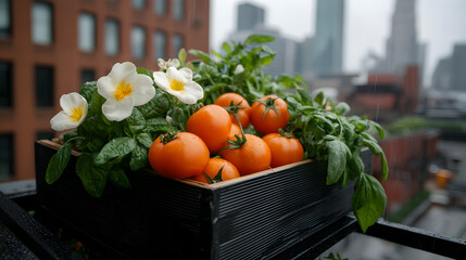 Orange Tomatoes and White Flowers in a Rooftop Garden