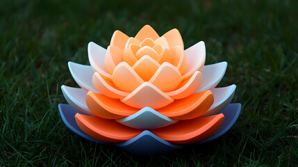 Orange White Blue Layered Artificial Lotus Flower on Green Grass