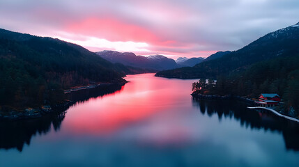 Pink and Red Sunset over Calm Lake and Mountains