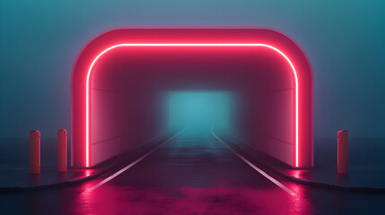 Pink Neon Tunnel Entrance in Foggy Night