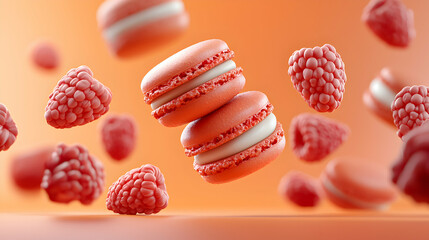 Pink Macarons and Raspberries Floating on Orange Background