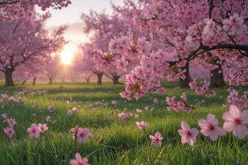 Obraz premium Blooming Pink Cherry Blossom Flowers in a Green Grass Meadow at Sunrise on Easter Morning