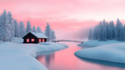 Pink Sunset Over Snowy Cabin by Frozen Lake