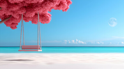 Pink Swing Underneath a Blooming Pink Tree on a Tranquil Beach