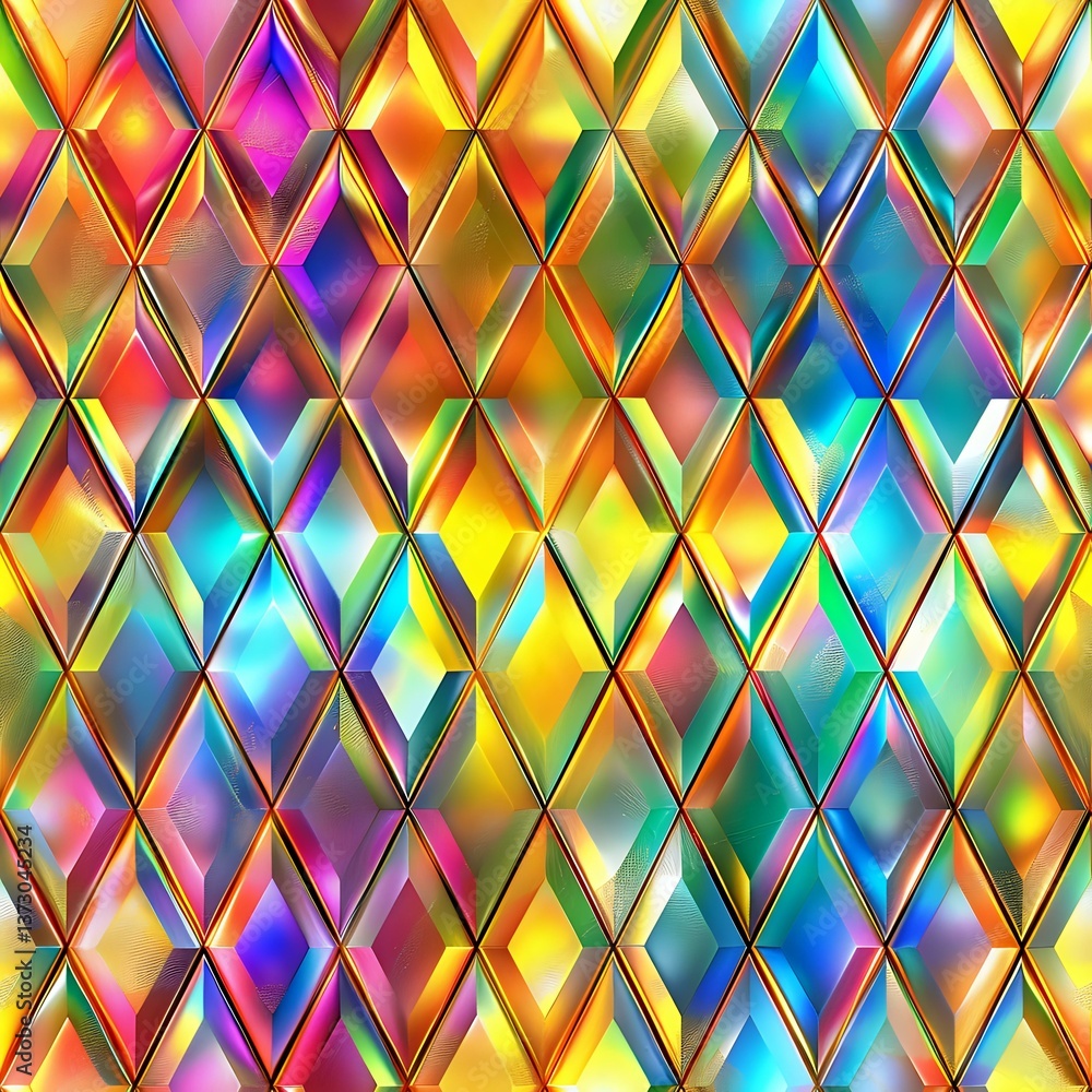 Poster vibrant rainbow colored diamond pattern with metallic holographic effect creates seamless geometric 