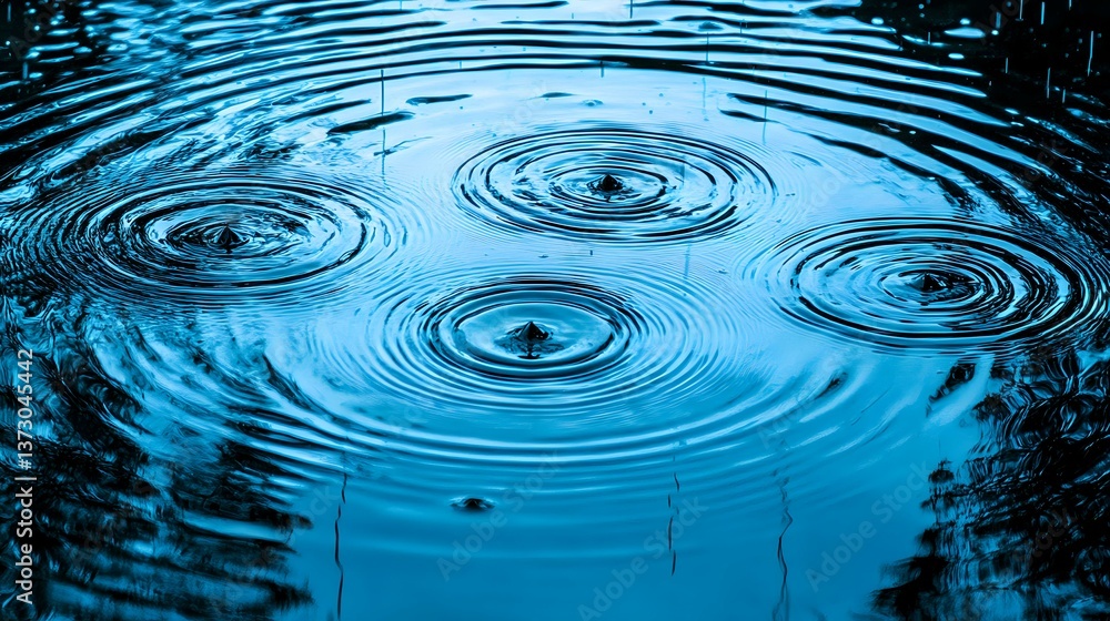 Aufkleber concentric ripples forming symmetrical circles on blue water surface with droplets creating mesmeriz