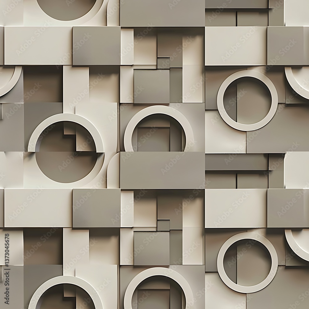 Poster abstract 3d geometric background with interlocking squares, rectangles, and circles in relief. neutr