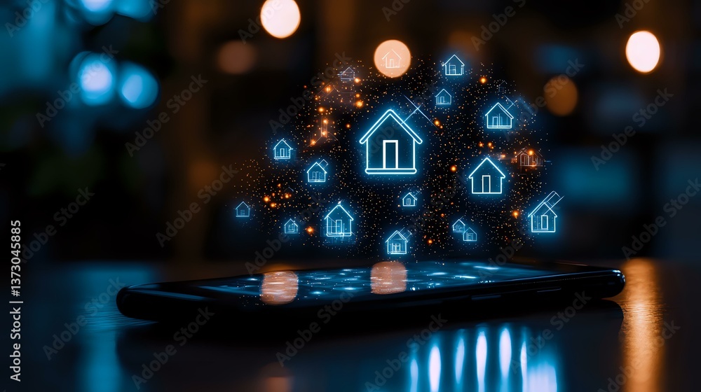 Poster glowing house icons float above smartphone screen in dark setting with bokeh lights, representing di