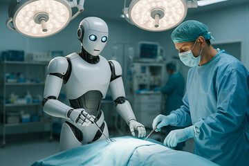 Humanoid robot assisting human surgeon in a brightly lit operating room representing futuristic collaboration in advanced medical procedures with artificial intelligence and precision healthcare techn