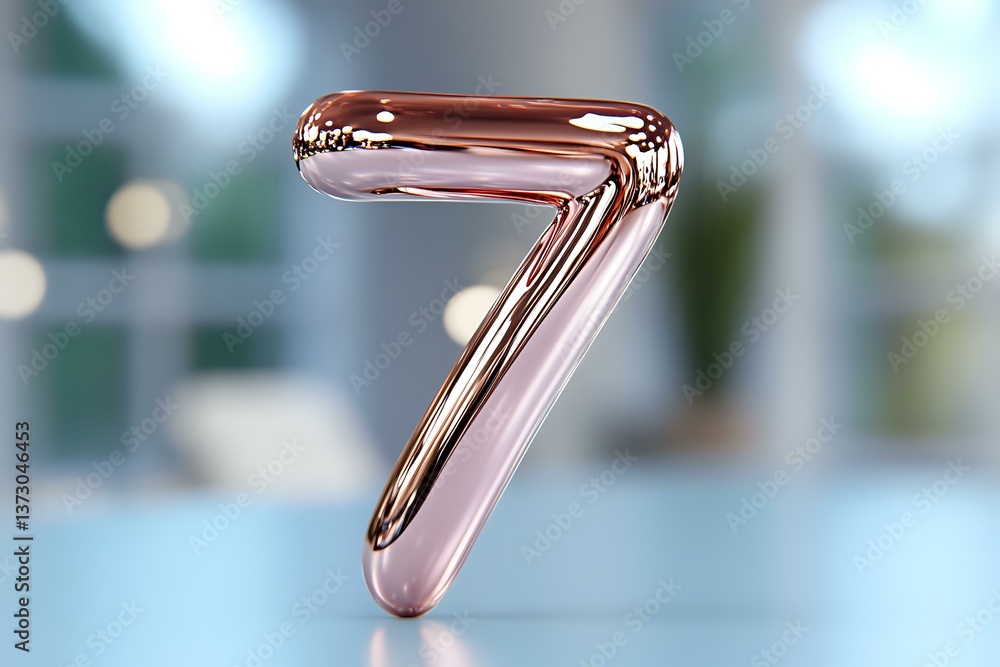 Aufkleber metallic rose gold number seven floating against blurred background with bokeh effect, modern minima
