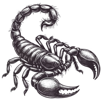 Ilustraci&oacute;n de un escorpi&oacute;n dibujado a mano en gr&aacute;ficos vectoriales formato EPS10 sobre fondo blanco, perfecto para logotipos, tatuajes o dise&ntilde;os que resaltan la fuerza, el peligro y la m&iacute;stica de est