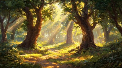 Obraz premium Sunlight Streaming Through Woods Creating Magical and Dreamlike Forest Scene