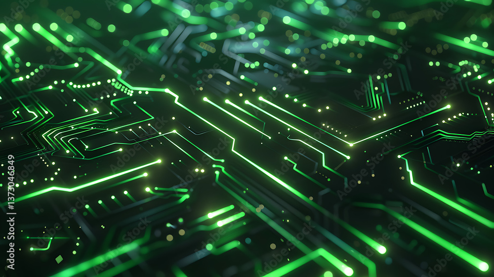Poster futuristic circuit board perspective view with glowing green intricate pathways and nodes on a dark 