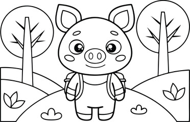 Cute Outlined Piglet with Overalls Amidst Trees Coloring Page Art