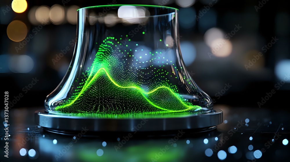 Poster glowing green wave visualization in glass bell jar against dark background with bokeh lights, futuri
