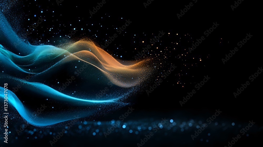 Poster glowing blue and orange waves of light dance against dark starry background, creating ethereal flowi