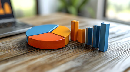 Colorful pie chart and bar graphs on wooden table