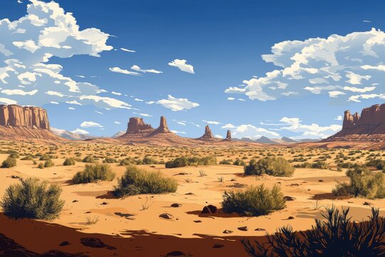 A barren land stretches to the horizon with scant vegetation Distant rocky hills rise ben