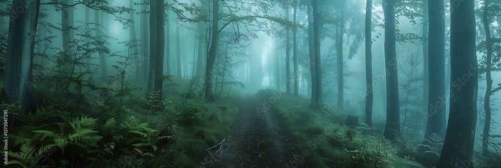 Poster mysterious path leading through a dense, foggy forest with tall trees and lush ferns. ethereal, mood