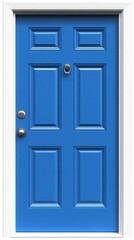An isolated image of a classic blue wooden door with a frame on a white backdrop