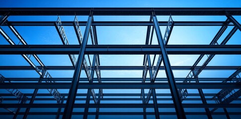 Fototapeta premium The framework of a contemporary industrial building, composed of sturdy iron beams and durable pillars, exemplifies the robustness of structural steel architecture