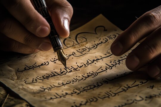 A calligrapher using pen and ink to create Arabic and Persian script including Nastaliq s